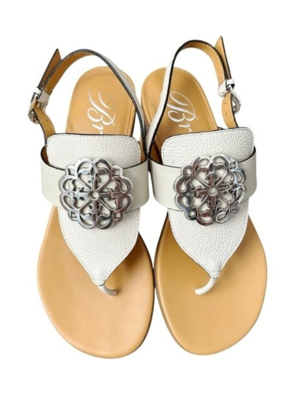 Brighton White Leather Thong Sandals with Silver Floral Medallion, Womens Size 9